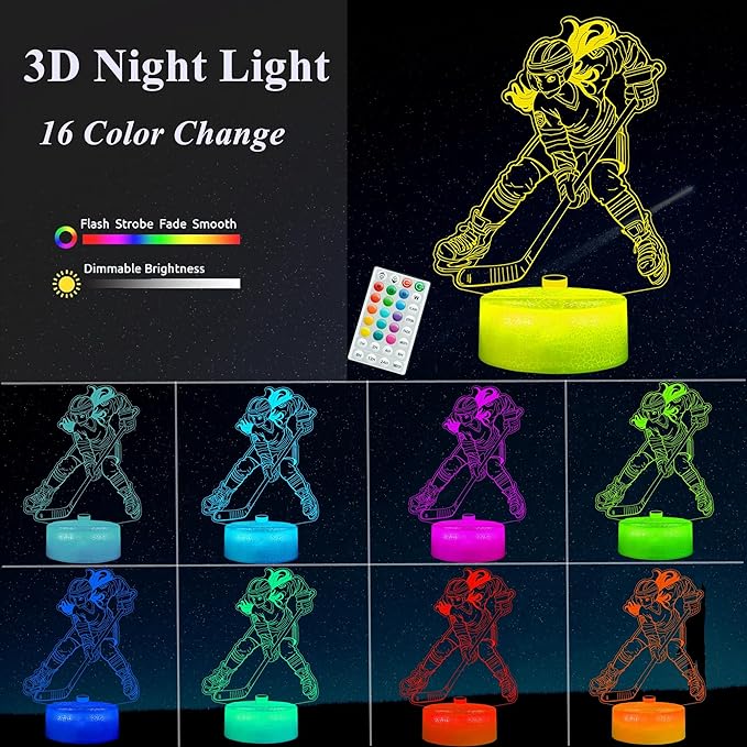 Hockey Night Light, Hockey Gifts for Girl, 3D Night Light with Remote Control, 16 Colors Changing, RGB Flashing Mode, Timer and Dimmable, Gifts for Boys Christmas Decor