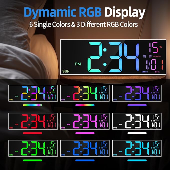 LEIKE 16.2'' Large Digital Wall Clock with Remote Control, Big LED/Dual Alarm/8 RGB Colors/Auto Brightness/Date/Auto DST/Temperature/Night Light Gym Clocks for Living Room Bedroom Office Wall Decor