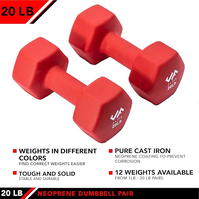 JFIT Dumbbell Pairs or Sets – Neoprene & Vinyl Coated Hand Weights for Home Gym, Strength Training, Aerobics, Cardio Exercise and Fitness