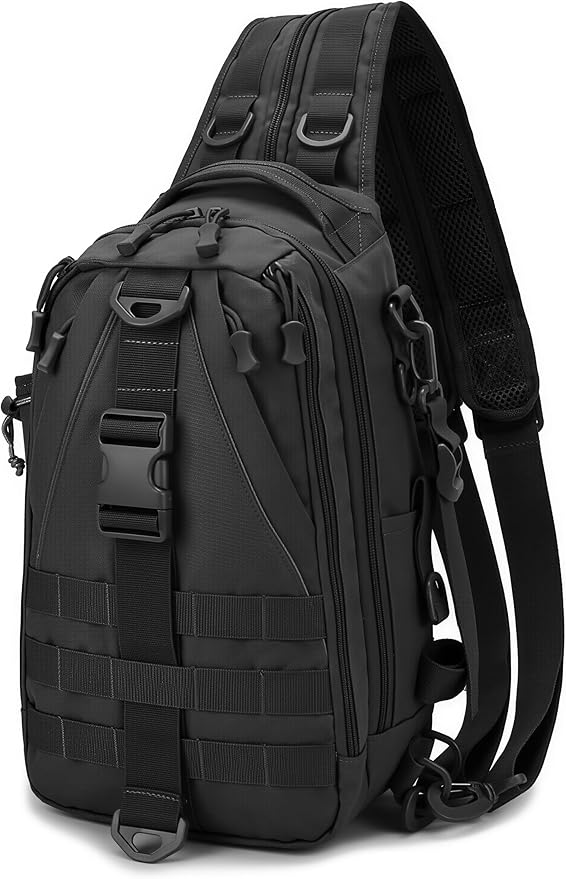 Mint & Moss Tactical Backpack for Men Water Resistant Tackle Backpack with Rod Holder & Tackle Box Kit, Lightweight Sling Fishing Bag for Trekking Survival Camping Fitness Travel (Black)