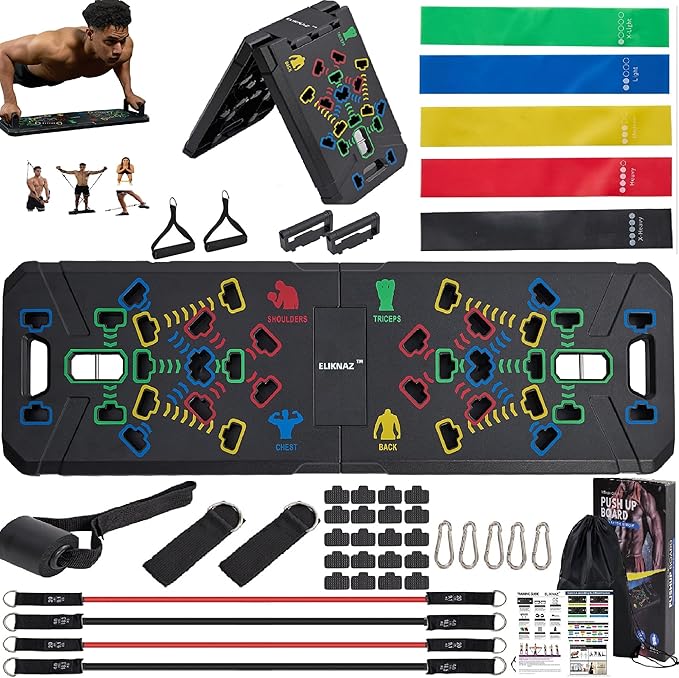 Portable Push Up Board Gym Kit 25-in-1, Foldable Push Up Station & Exercise Board Workout Set with 18 Accessories, Resistance Bands & Handles, Ankle Straps for Men, Women & Teens