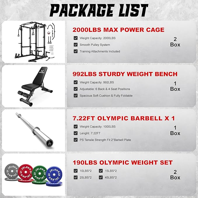 JELENS C12 Squat Rack for Home Gym, 2000LBS Power Rack with Adjustable Pulley System, Power Cage Workout Equipment with LAT Pulldown and Training Attachment