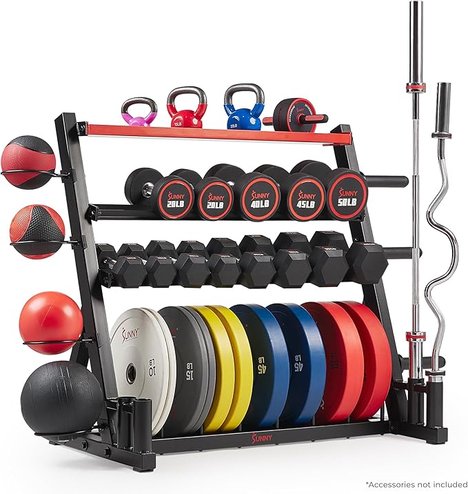 Sunny Health & Fitness Multi-Weight Storage Rack Stand for Dumbbells, Kettlebells, Olympic Weight Plates, Barbell, Medicine Ball