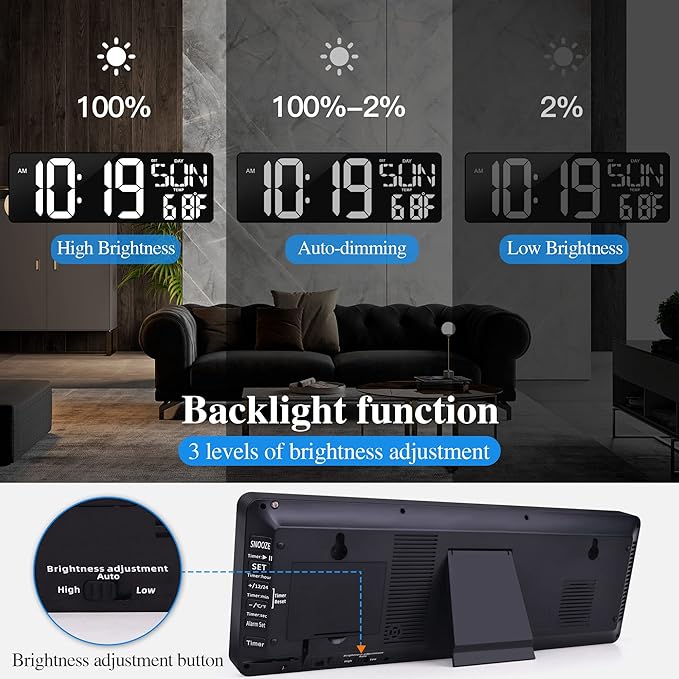 Large Digital Wall Clock with Remote Control 17.2" LED Large Display Timer with Temperature Date Week Auto DST Adjustable Brightness, Big Wall Alarm Clock for Living Room Office Garage Gym Seniors