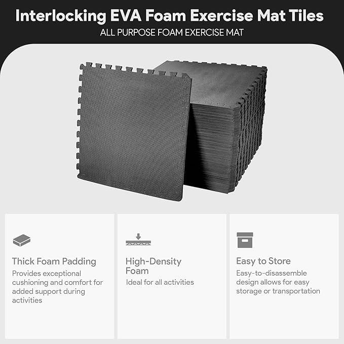 BalanceFrom 24x24 Inch EVA Interlocking Foam Exercise Tile Mat – Non-Slip Puzzle Flooring for Home Gym, Fitness Studio, or Playroom with Multiple Thickness, Coverage Sizes and Color Options