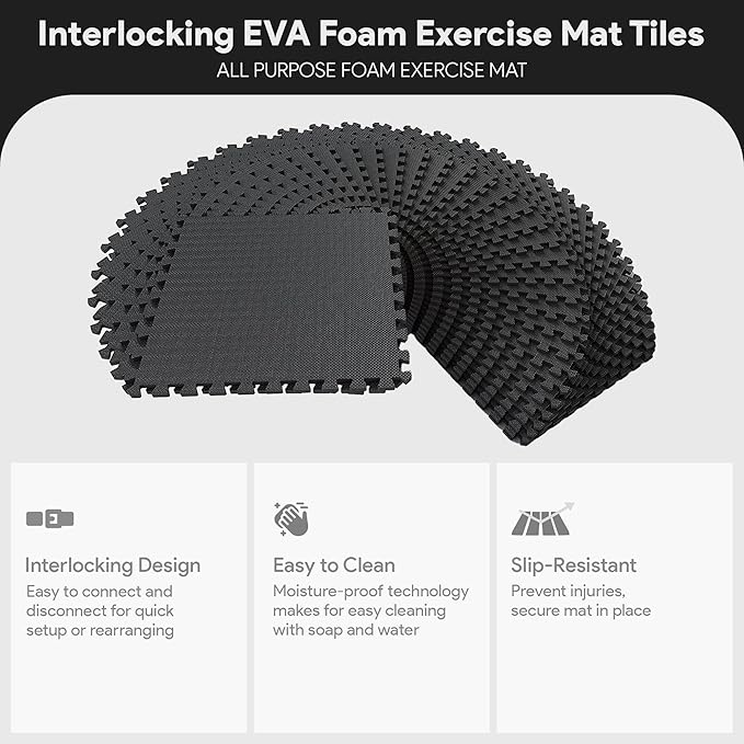 BalanceFrom 24x24 Inch EVA Interlocking Foam Exercise Tile Mat – Non-Slip Puzzle Flooring for Home Gym, Fitness Studio, or Playroom with Multiple Thickness, Coverage Sizes and Color Options