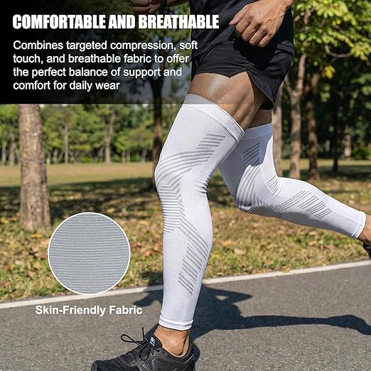 NuCamper Full Leg Compression Sleeves for Men and Women,2 Pack Legs Sleeves Long Knee Brace Support for Running, Basketball, Cycling, Workout, Sports - White,S