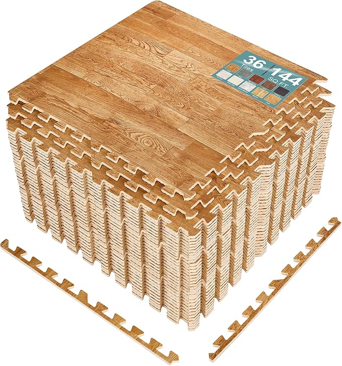 Sorbus Wood Grain Floor Tiles Foam Mat EVA Interlocking Mats Tile 3/8-Inch Thick Flooring Wood Puzzle Exercise Mats w/Borders - Home Playroom Basement, Apartment, Trade Show, Baby, Dance
