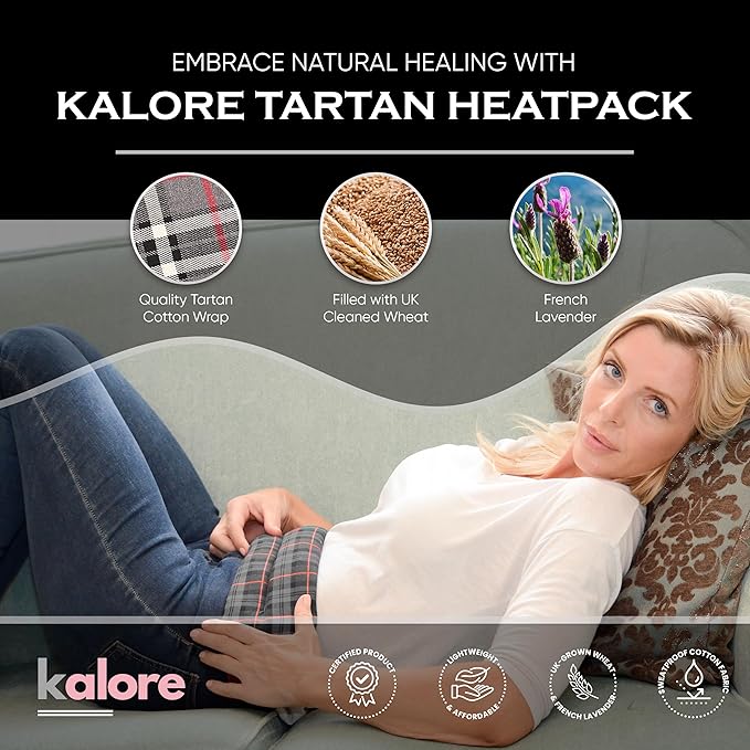 Microwavable Heating Pads for Winter Warmth, Back, Stomach & Head Comfort – Kalore Cotton Tartan Neck Wrap – Even Heat Distribution Hot Compress Bag – Wheat Heat Pad XL – Lavender Scent – Gray