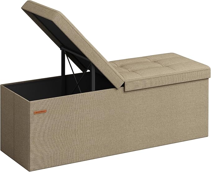 SONGMICS Mazie Collection - 43 Inches Storage Ottoman, Foldable Storage Bench with Flipping Lid, 660 lb Load Capacity, for Entryway, Living Room, Bedroom, Camel Brown ULSF076K01