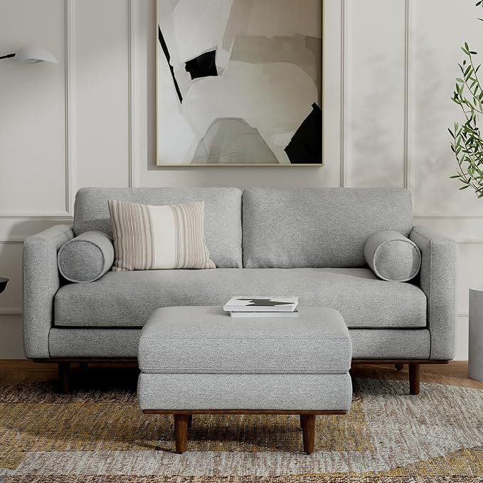 SIMPLIHOME Morrison Mid-Century Modern 72 inch Wide Sofa with Ottoman Set in Mist Grey Tightly Woven Performance Fabric for the Living Room and Family Room