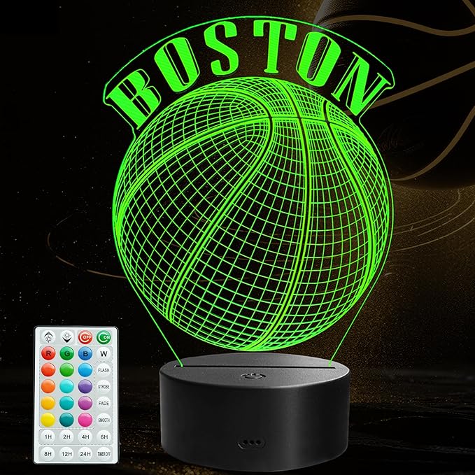 Basketball Night Light, Boston Gifts for Boy, 3D Illusion Lamp with Remote Control, 16 Colors Changing, RGB Flashing Mode and Dimmable, Gifts for Boys Christmas Decor (Boston)
