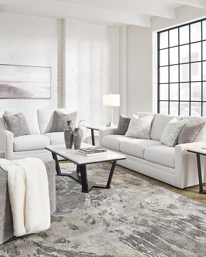 Signature Design by Ashley Maitelynn Contemporary Sofa with Accent Pillows, Reversible Cushions and Sloped Arms, Light Gray