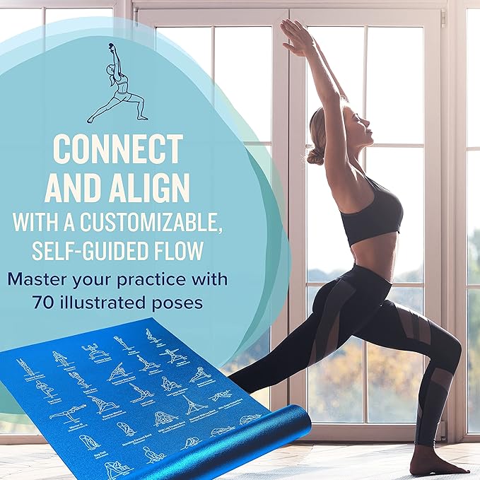 NewMe Fitness Yoga Mat for Women and Men - Large, 5mm Thick, 68 Inch Long, Non Slip Exercise Mats w/ 70 Printed Yoga Poses for Pilates, Workout and Stretching - Home and Gym Essentials