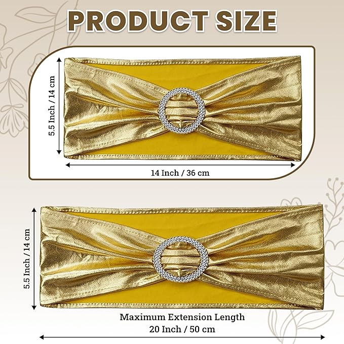 VDS - Gold Glitter | Spandex Chair Sashes Bows | 250 PCS | Stretch Elastic Banquet Universal Folding Chair Band Tie with Silver Buckle Slider for Wedding Party Conference Celebration Event Decoration