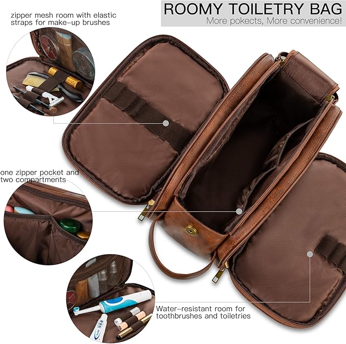 Elviros Toiletry Bag for Men, Large Travel Shaving Dopp Kit Water-resistant Bathroom Toiletries Organizer PU Leather Cosmetic Bags