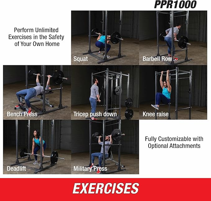 Body-Solid Powerline (PPR1000) Power Rack - Steel Frame Squat Cage with J-Cups and Safety Pipes for Home Gym Strength Training