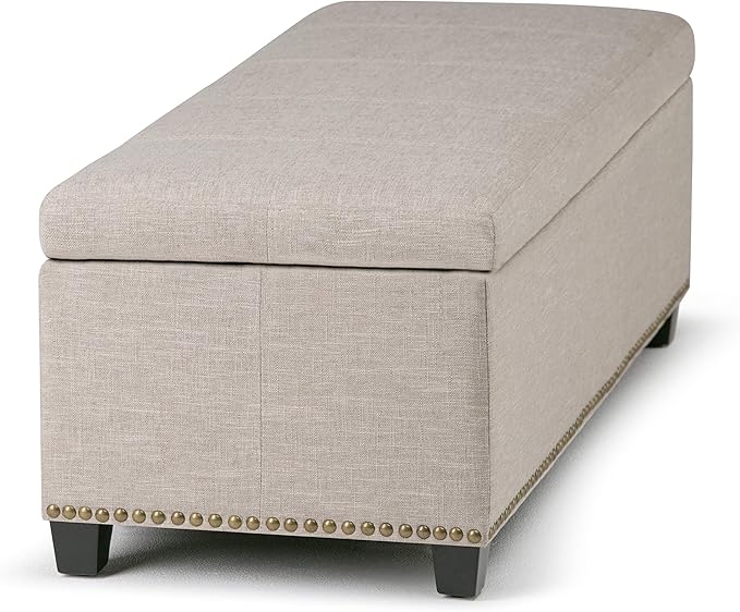 SIMPLIHOME Kingsley 48 inch Wide Transitional Rectangle Large Storage Ottoman in Natural Linen Look Fabric, Assembled, For the Living Room, Entryway and Family Room