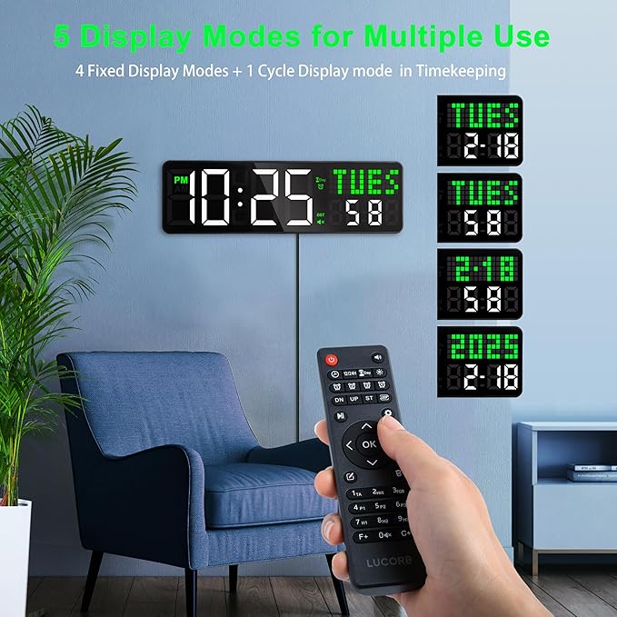LUCORB 12'' Gym Clock, Interval Workout Digital Wall Clock with Seconds Date for Home Gym, 5 Display Modes | Remote Countdown Timer, Stopwatch | 4 Alarms fit Classroom Living Room Office