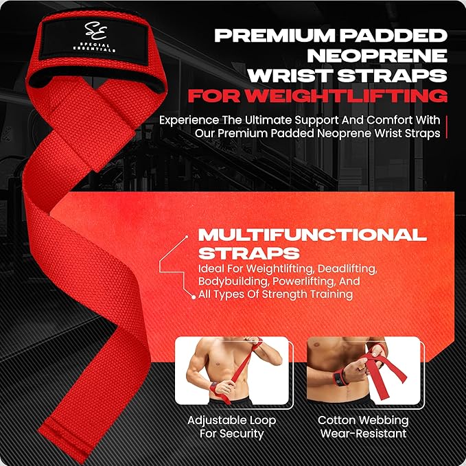Special Essentials 2 Pack of Wrist Straps for Weightlifting - Two-Sided Anti Slip Silicone Grip & Padded Neoprene - Durable Gym Lifting Straps for Men and Women for Bodybuilding & Powerlifting