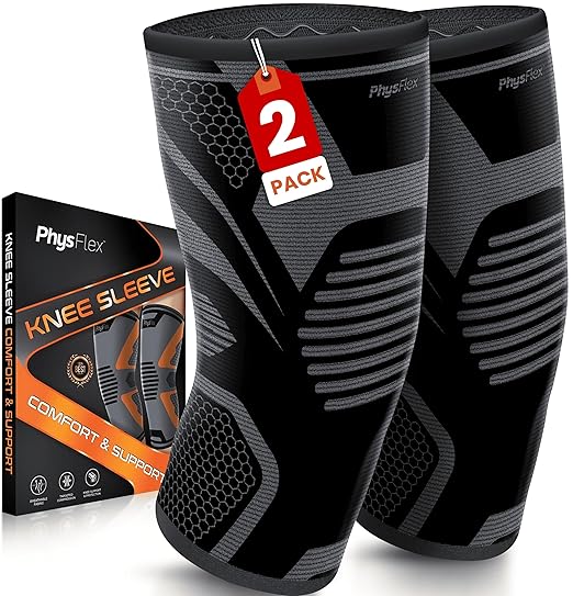 PhysFlex Knee Brace for Pain Relief - Knee Compression Sleeves for Men and Women - Support for Weightlifting, Gym, Workout, Volleyball, Arthritis (3XL, Black)