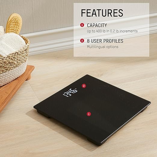 Taylor Digital Bathroom Scale - Smart Scale with Precision Hub App, 400 lb Capacity, 11" x 11" Durable Glass Platform, 0.2 lb Increments, Weight Tracking, BMI, BMR and Multilingual, Black