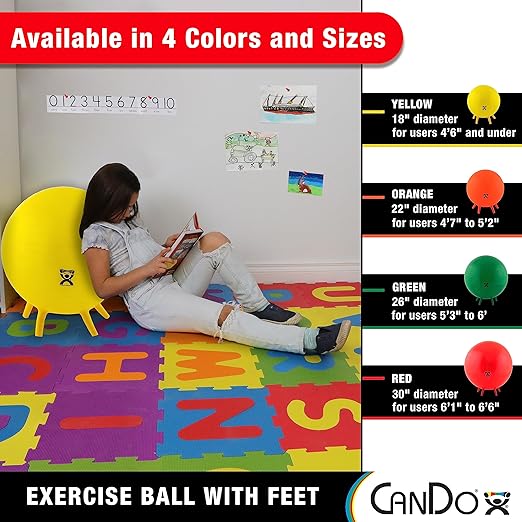 CanDo 30-1891 Non-Slip Inflatable Exercise Ball with Stability Feet for Exercise, Workout, Core Training, Yoga, Pilates, Active Sitting in Gym, Office, Home or Classroom. Yellow 18"