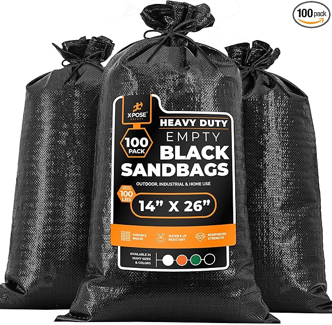 Xpose Safety Heavy Duty Sand Bags with Tie Strings – Empty Woven Polypropylene Sandbags for Hurricane Flood Protection, 100 lb Capacity, 14" x 26", Black, Pack of 100