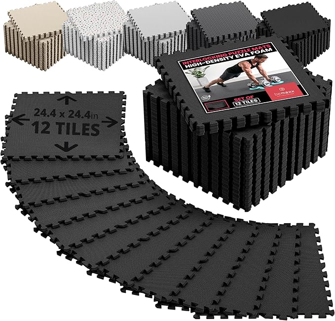 bemaxx Gym Mats Set - 12 pcs EVA Interlocking Foam Floor Tiles (24.4"x24.4"x0.4") 48 sqft Protective Gym Flooring Sports Home Workout Exercise Mats Puzzle Garage Fitness Play-Room Pool Treadmill Bike
