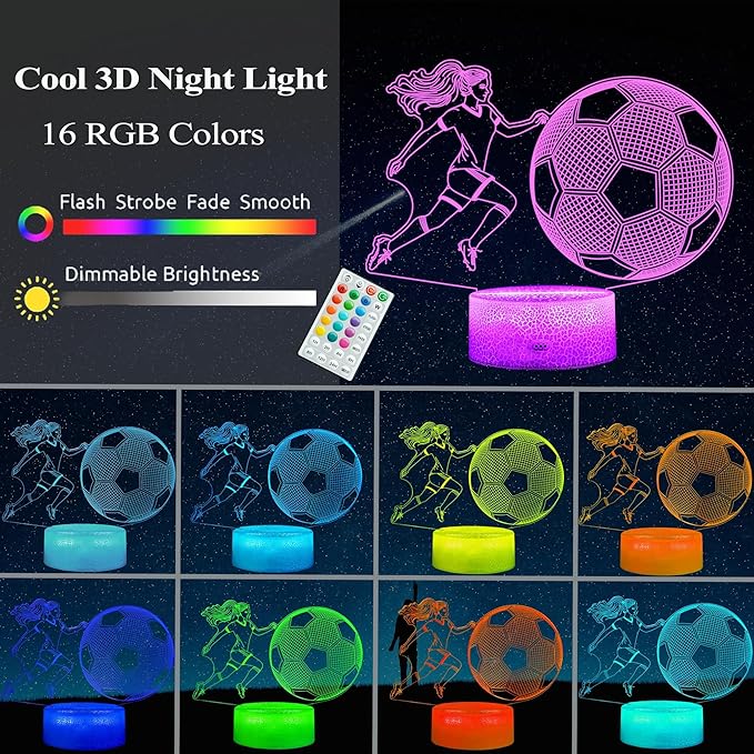 Soccer Night Light, Soccer Gifts for Girls, 3D Illusion Lamp with Remote, Timer, 16 Colors Changing, RGB Flashing Mode and Dimmable, Gifts for Girls Christmas Holiday