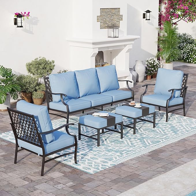 5 Piece Metal Outdoor Patio Furniture Set, Patio Conversation Sets 1 3-seater Sofa, 2 Fixed Chair, 2 Ottomans with 5.75" Thick Cushion, Black All-weather Frame Backyard Furniture, Blue