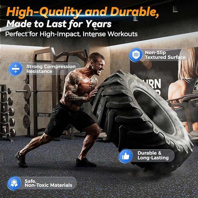 SUPERJARE 1" Extra-Thick Rubber Top Exercise Mat, Puzzle Gym Flooring for Home Gym, Gym Mat for Workout Equipment, Interlocking Floor Tiles with EVA Foam, 12 Pcs 48 Sq Ft, Black/Blue