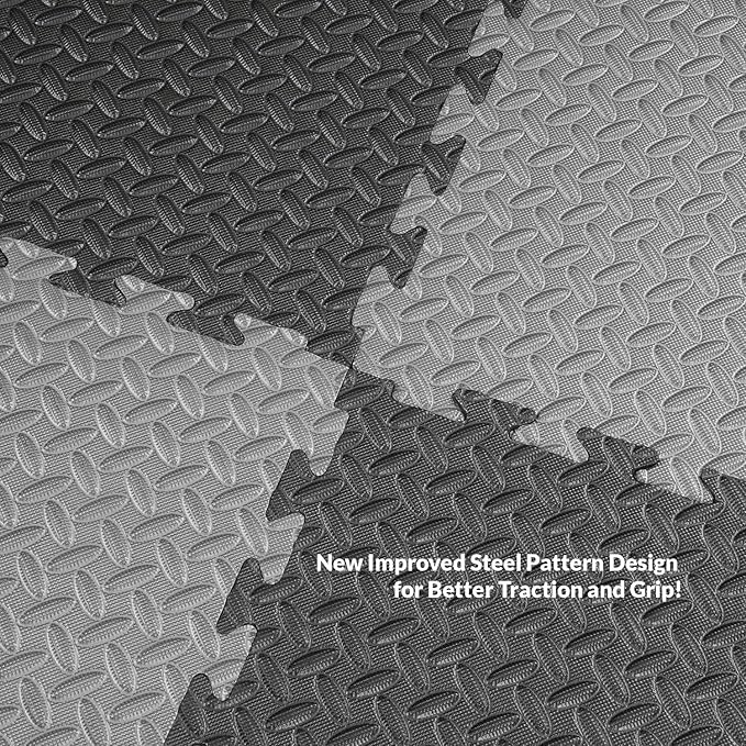 Xspec 1" Extra Thick 48 sq ft Reversible EVA Gym Foam Floor Mat Tiles (24" x 24"), Steel Pattern, 12 pcs, Black & Grey