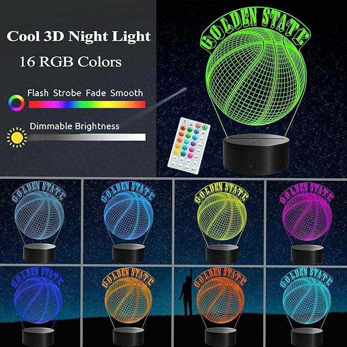 Basketball Golden State Night Light, Golden State Gifts for Boy, 3D Illusion Lamp with Remote Control, 16 Colors Changing, RGB Flashing Mode and Dimmable, Gifts for Boys Christmas Decor