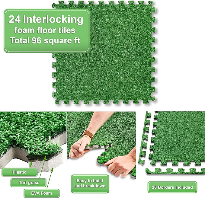 Sorbus Grass Foam Floor Tiles - 24 Interlocking Mats of 24"X24” Total of 96 Sq Ft for Kids Outdoor Toys, Playroom, Deck, Patio, Basement Home Gym - Artificial Carpet Grass Turf Indoor Outdoor Flooring