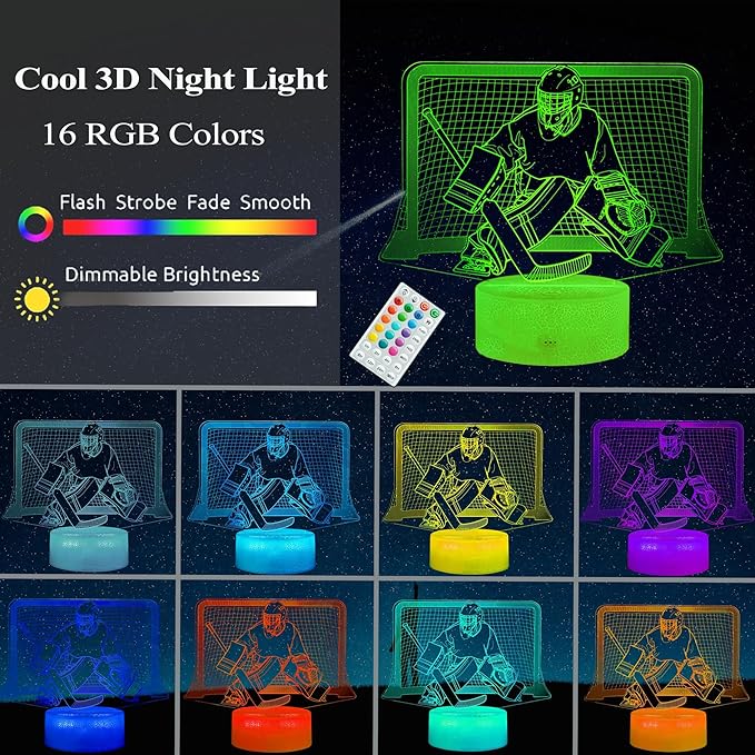 Hockey Night Light, Hockey Goalie Gifts, 3D Illusion Lamp with Remote Control, 16 Colors Changing, RGB Flashing Mode, Timer and Dimmable, Hockey Gifts for Boys Christmas Decor