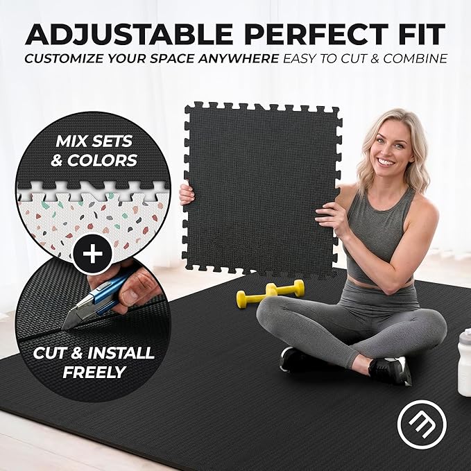 bemaxx Gym Mats Set - 24 pcs EVA Interlocking Foam Floor Tiles (24.4"x24.4"x0.4") 96 sqft Protective Gym Flooring Sports Home Workout Exercise Mats Puzzle Garage Fitness Play-Room Pool Treadmill Bike