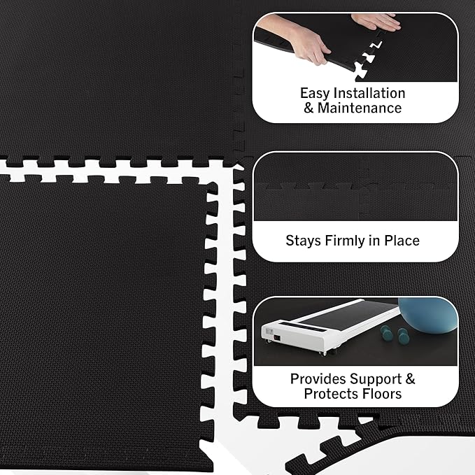 EVA Foam Mat Tiles 24-Pack - 96 SQ FT of Interlocking Padding for Garage, Playroom, or Gym Flooring - Exercise Mat or Baby Playmat by Stalwart (Black)