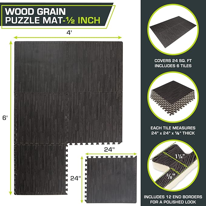 ProsourceFit Wood Grain Puzzle Mat ½-inch, 6 EVA Foam Interlocking Floor Tiles (24 Sq Ft) for Secure Indoor Room Workout Flooring and Playmat
