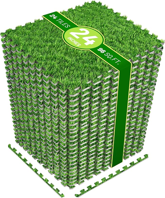 Sorbus Grass Foam Floor Tiles - 24 Interlocking Mats of 24"X24” Total of 96 Sq Ft for Kids Outdoor Toys, Playroom, Deck, Patio, Basement Home Gym - Artificial Carpet Grass Turf Indoor Outdoor Flooring