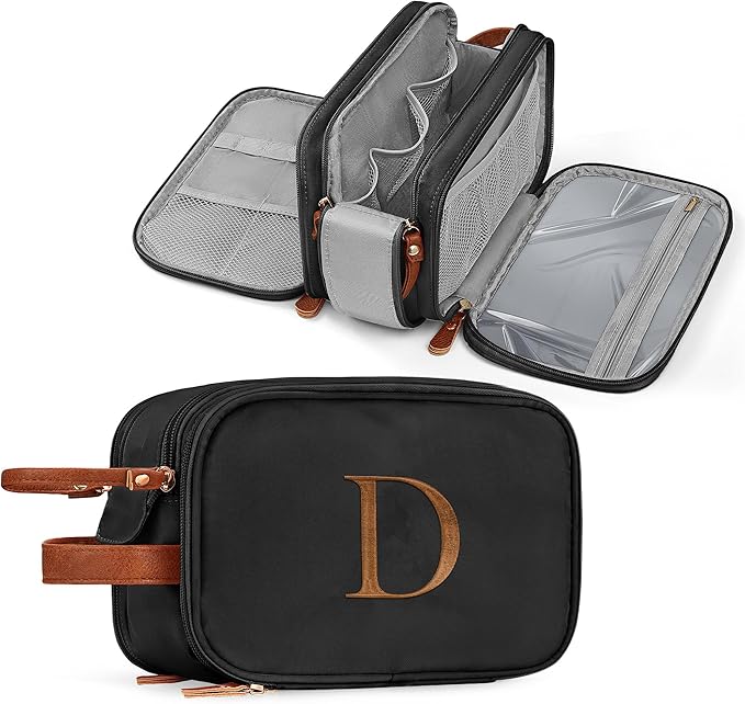 YOOLIFE Black Makeup Bag Toiletry Bag - Personalized Initial Toiletry Bags for Women Men, Travel Size Toiletries Essentials Birthday Gifts for Men Women Letter D Black