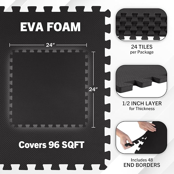 EVA Foam Mat Tiles 24-Pack - 96 SQ FT of Interlocking Padding for Garage, Playroom, or Gym Flooring - Exercise Mat or Baby Playmat by Stalwart (Black)