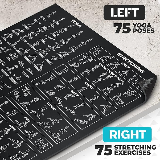 Extra-Large Instructional Yoga Mat with Poses Printed On It - 3X Bigger & 2X Wider than Regular Workout Mats - 150 Illustrated Yoga Poses and Stretches - Wide, Non-Slip, Barefoot Exercise Mat
