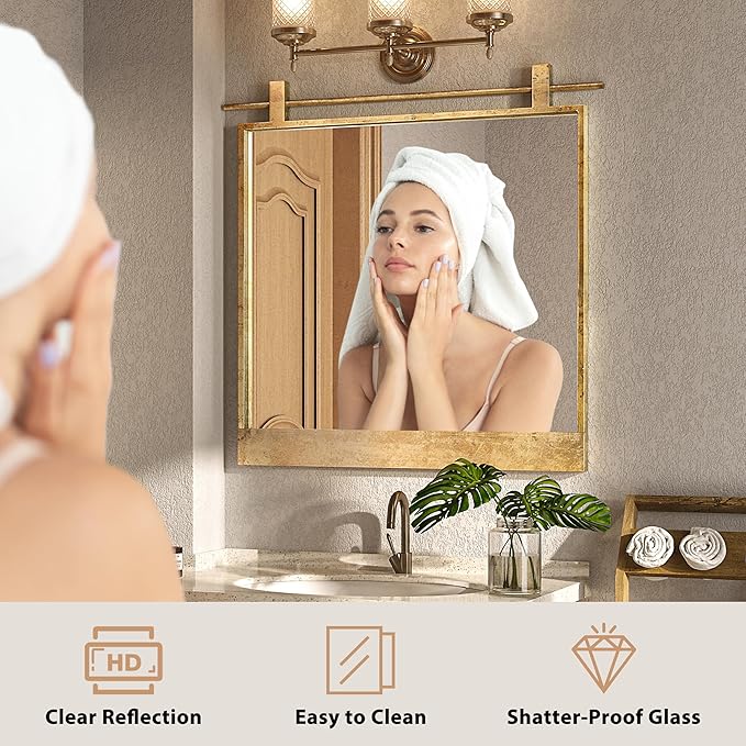 24x24 Inch Square Bathroom Vanity Mirror for Wall Mounted Over Sink Farmhouse Rustic Matte Brushed Gold Barn Door Mirrors Foyer Entryway Decor