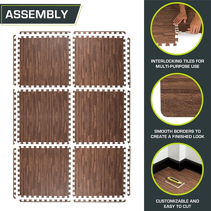 ProsourceFit Wood Grain Puzzle Mat ½-inch, 6 EVA Foam Interlocking Floor Tiles (24 Sq Ft) for Secure Indoor Room Workout Flooring and Playmat
