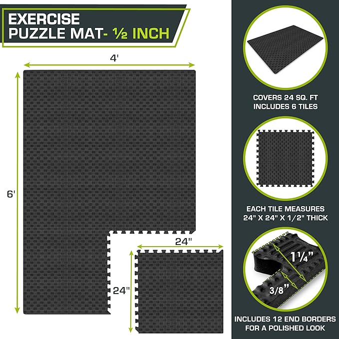 ProsourceFit Exercise Puzzle Mat ½-inch, Checkered EVA Foam Floor Tiles w/Non-Slip Texture, Interlocking Design for Adjustable Gym Surfaces, Shock Absorbing, Black, 24 Sq Ft - 6 Tiles